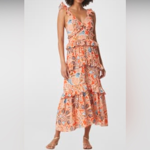 Misa Morrison Sleeveless Floral Poplin Tiered Ruffle Midi Dress Sz M - Picture 2 of 3